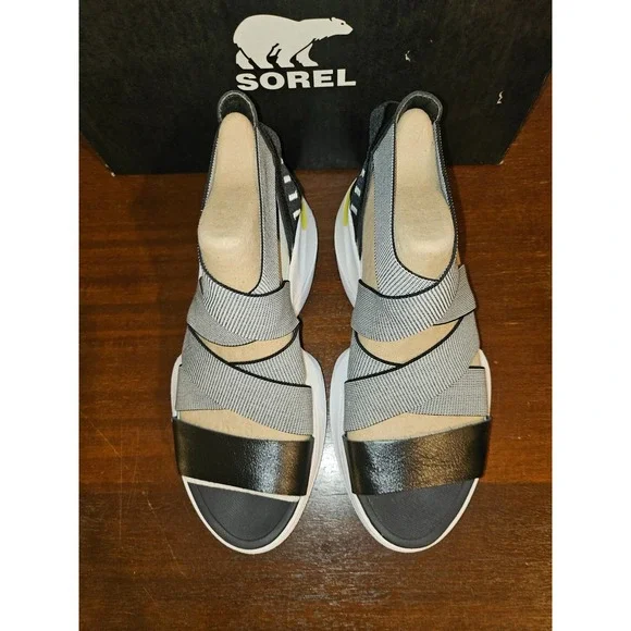 New Sorel Explorer Blitz Black White Strappy Sandals Women 6 New in box‎ - Picture 8 of 9